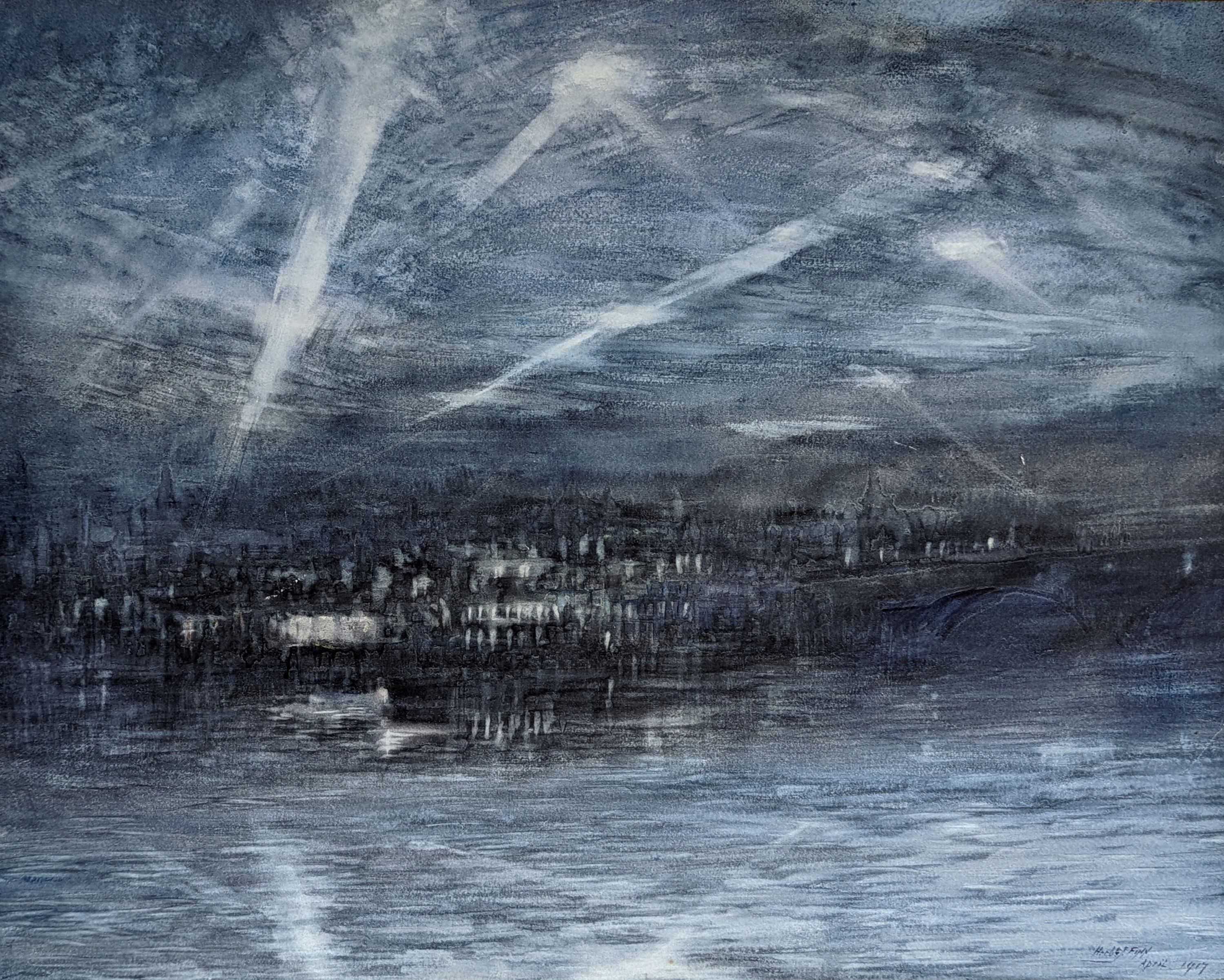 Herbert John Finn (1861-1942), watercolour, 'Searchlights over Thames', signed and dated April 1917, 48 x 60cm